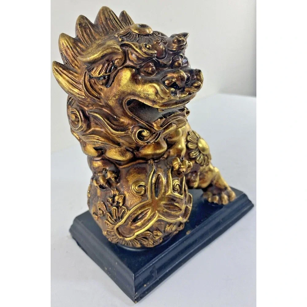 Vtg Foo Dog Gold Color Resin Figurine Dragon Asian Protection Art 7.5